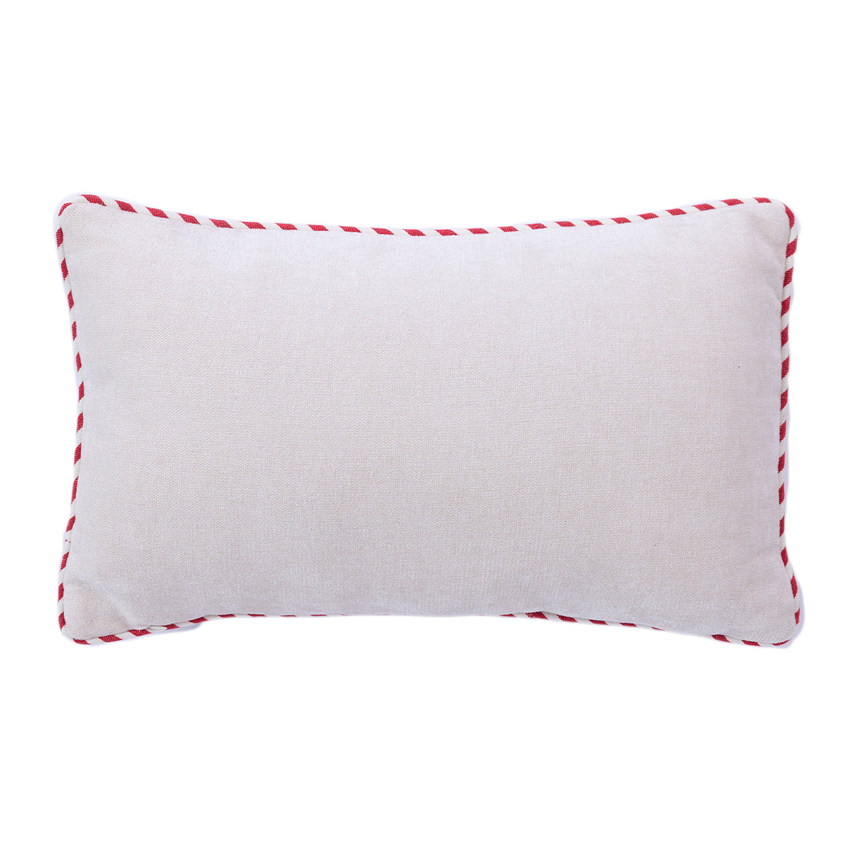 Back view of the plain white Christmas Gnomes Cushion with red and white striped piping against a white background.
