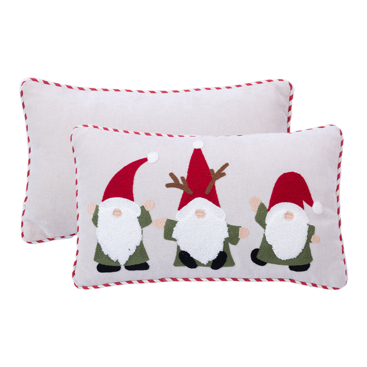 Front and back views of the Christmas Gnomes Cushion displayed together against a white background.