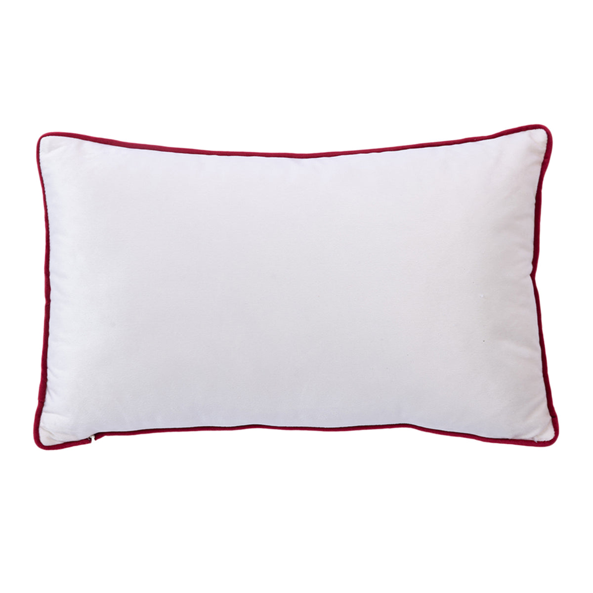 Back view of the plain white Christmas Town Cushion with contrasting red piping against a white background.