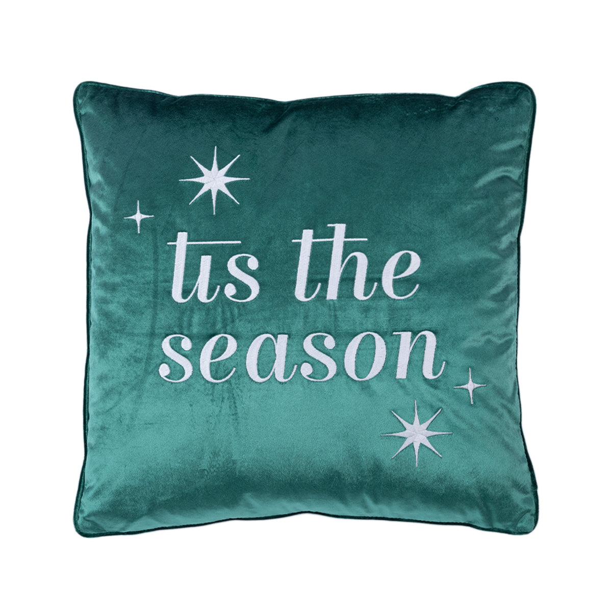Front view of the green velvet 'Tis the Season Cushion featuring white embroidered lettering and decorative stars against a white background.