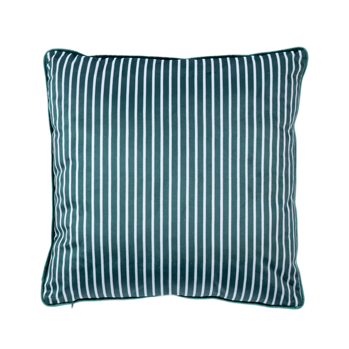 Back view of the Christmas Wishes 'Tis the Season Cushion featuring green and white vertical stripes against a white background.