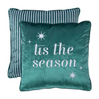 Front and back views of the Christmas Wishes 'Tis the Season Cushion, featuring white lettering and stars on green velvet with a striped reverse.
