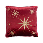 Front view of the red velvet Christmas Gold Star Cushion featuring gold embroidered stars against a white background.