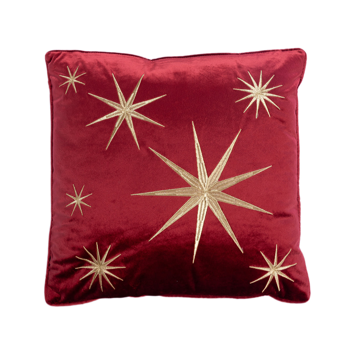 Front view of the red velvet Christmas Gold Star Cushion featuring gold embroidered stars against a white background.