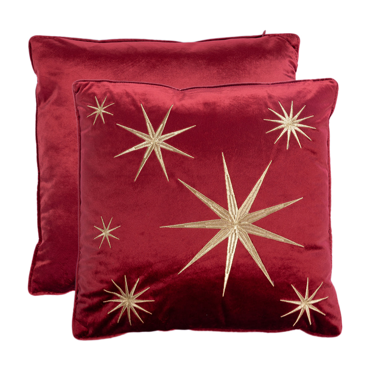 Front and back views of the red velvet Christmas Gold Star Cushion, featuring gold embroidered stars and a plain red reverse.