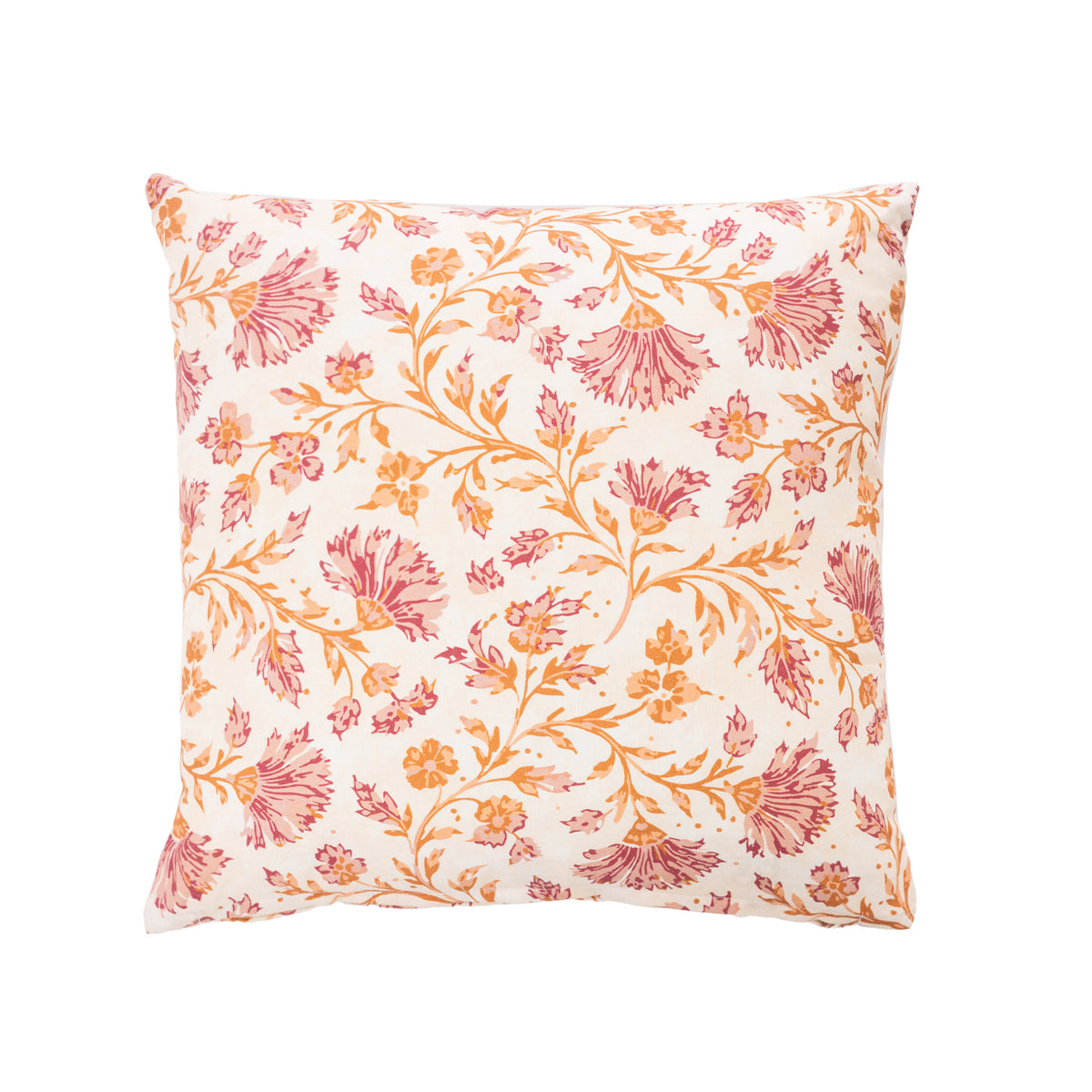 A square decorative cushion featuring a vintage-style floral pattern in orange and dusty pink on an off-white background, isolated on a white studio background.