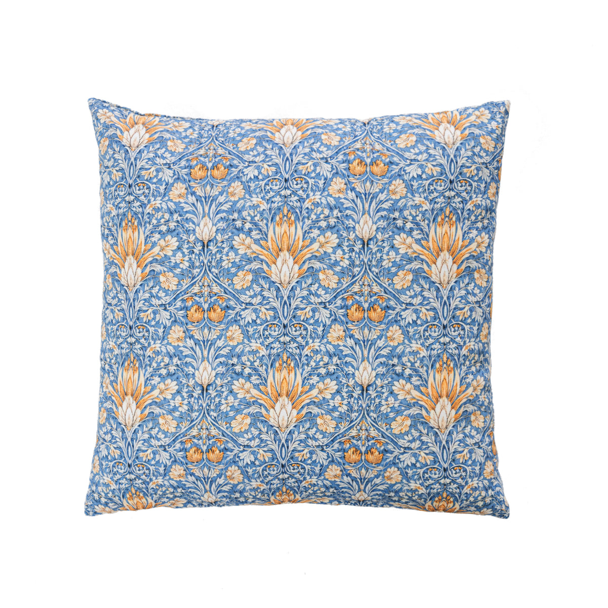 A square decorative cushion featuring a classic floral damask pattern in blue, warm tones, and white, set against a plain white background.
