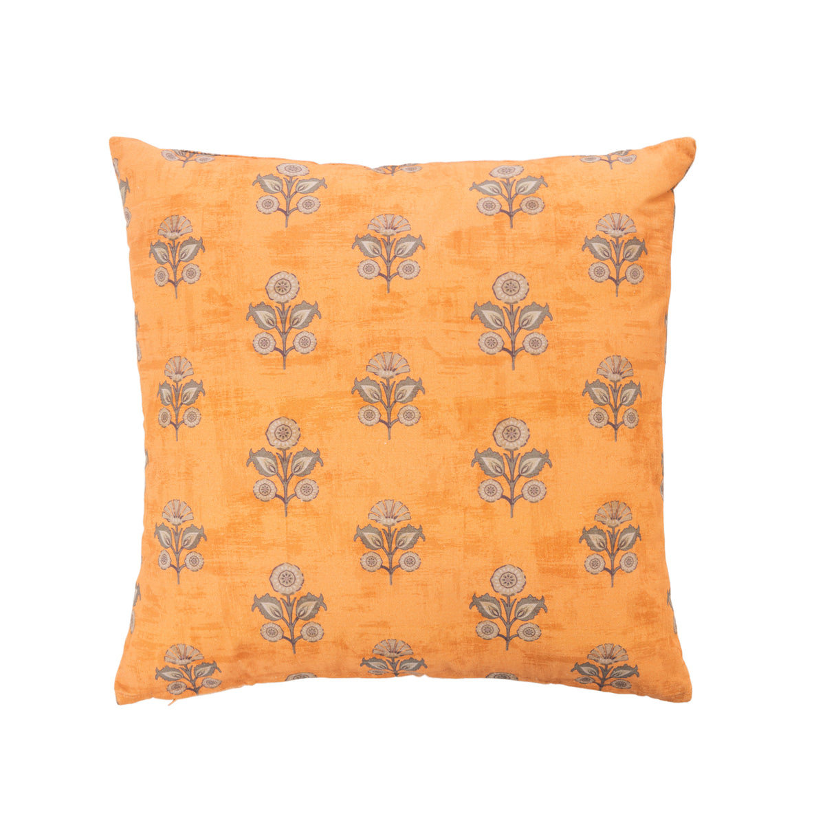 A rich mustard ground cushion with a repeating floral motif in soft grey and neutral tones.