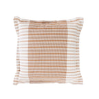 A square throw pillow with a woven texture, featuring alternating vertical stripes of warm rust and off-white.