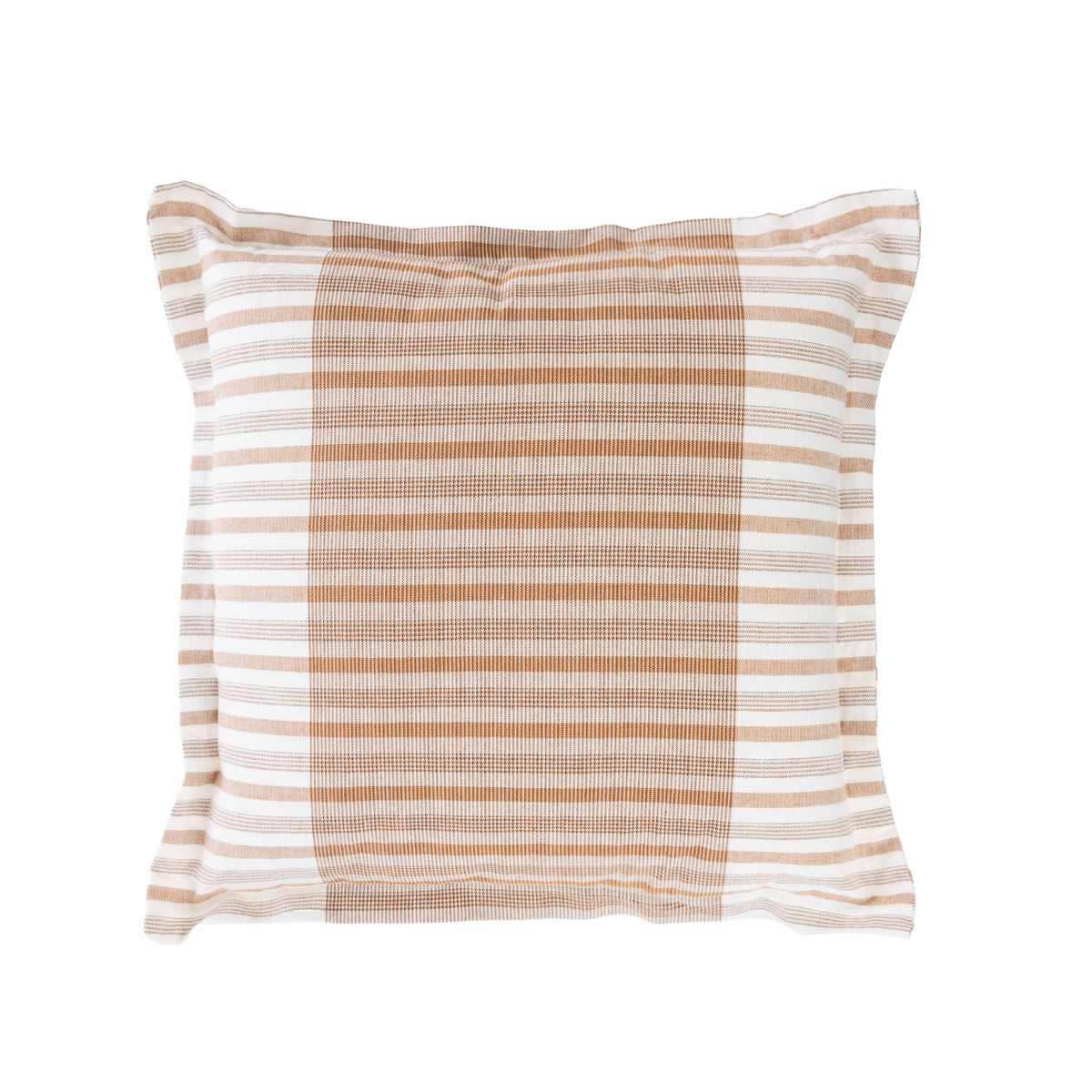 A square throw pillow with a woven texture, featuring alternating vertical stripes of warm rust and off-white.