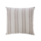 A square throw pillow with vertical stripes in shades of grey, made from a textured linen-like fabric, shown on a plain white background.