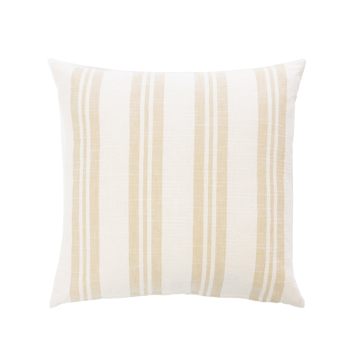 A square throw pillow with vertical stripes in natural and white, shown against a plain white background.