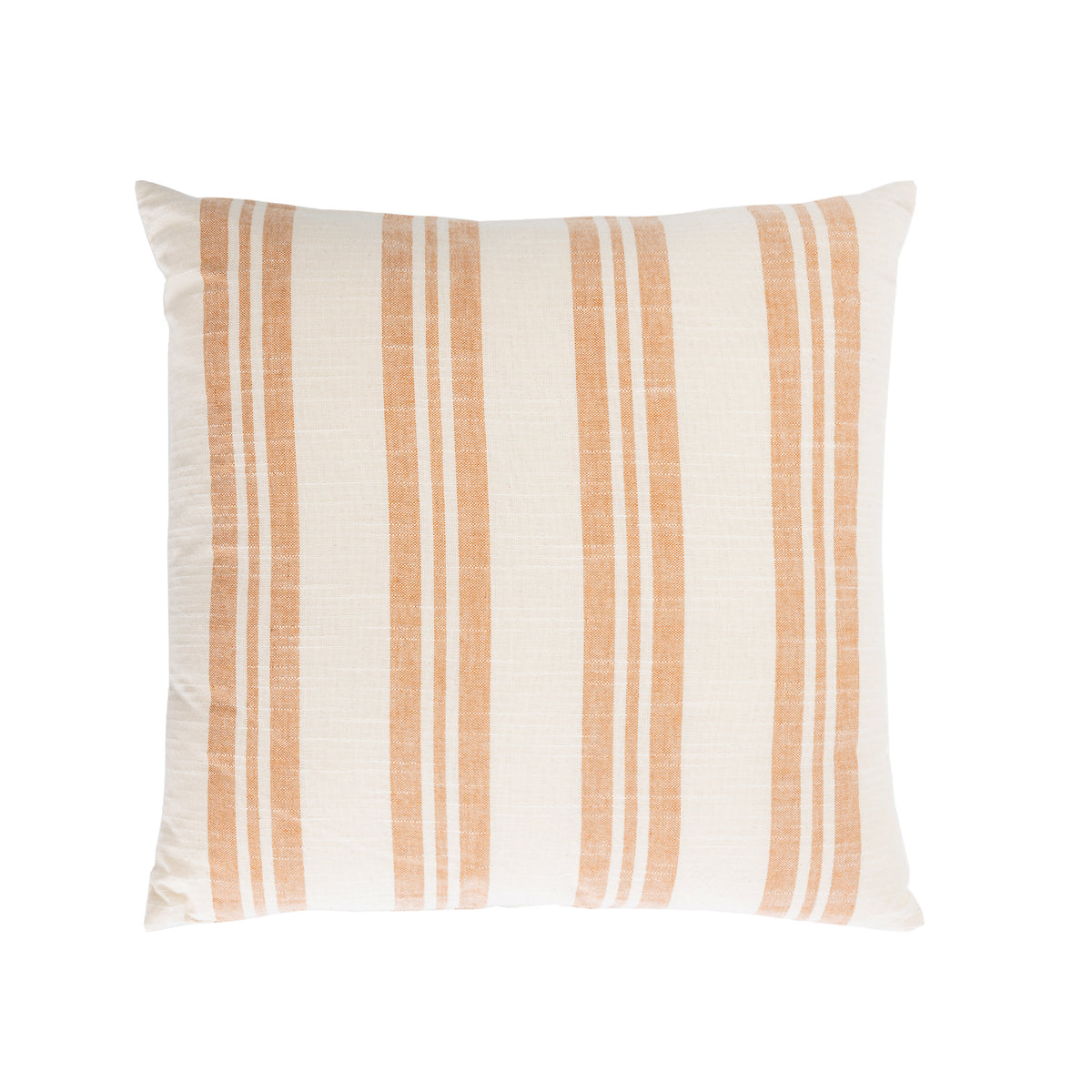 A square throw pillow with a textured fabric featuring vertical stripes in warm rust, shown against a plain white background.