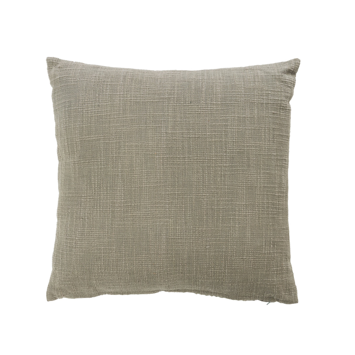 A square throw pillow in a textured, woven linen-like fabric in a muted olive color, shown against a plain white background.