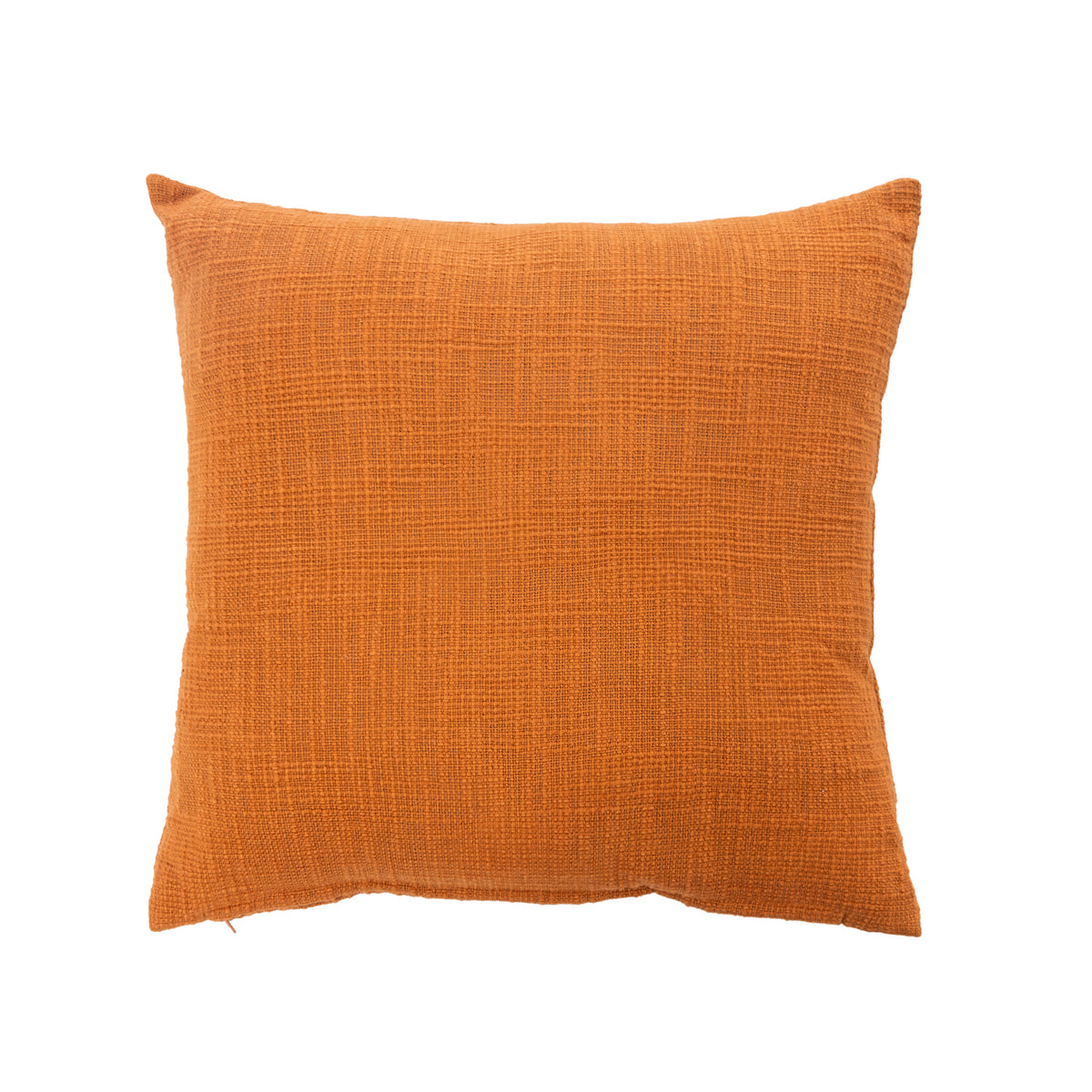 A square throw pillow in a textured, woven linen-like fabric in a rust color, shown against a plain white background.