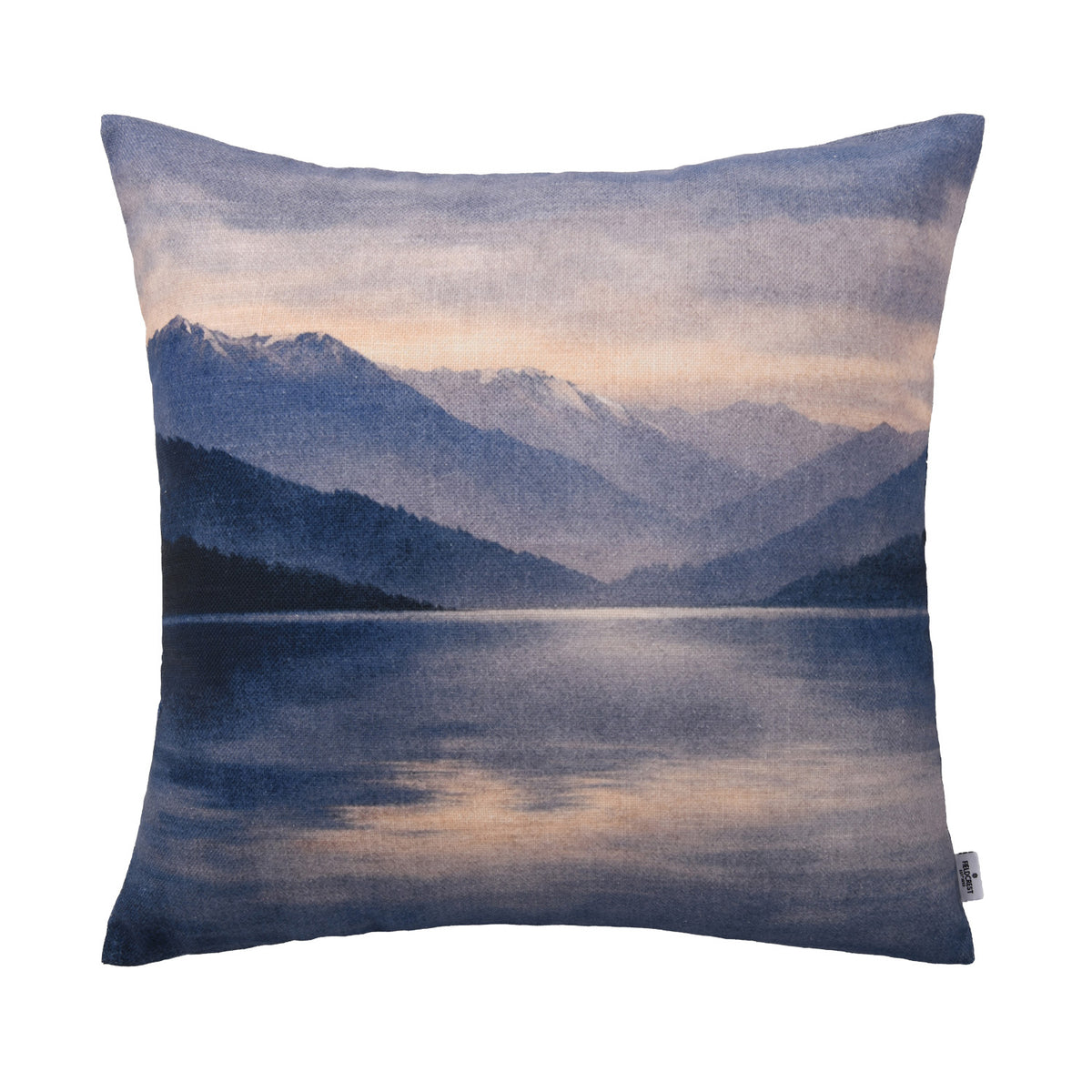 Fieldcrest Fiordland at Dusk Cushion featuring layered blue mountain ranges reflected across a calm lake beneath a softly coloured dusk sky.