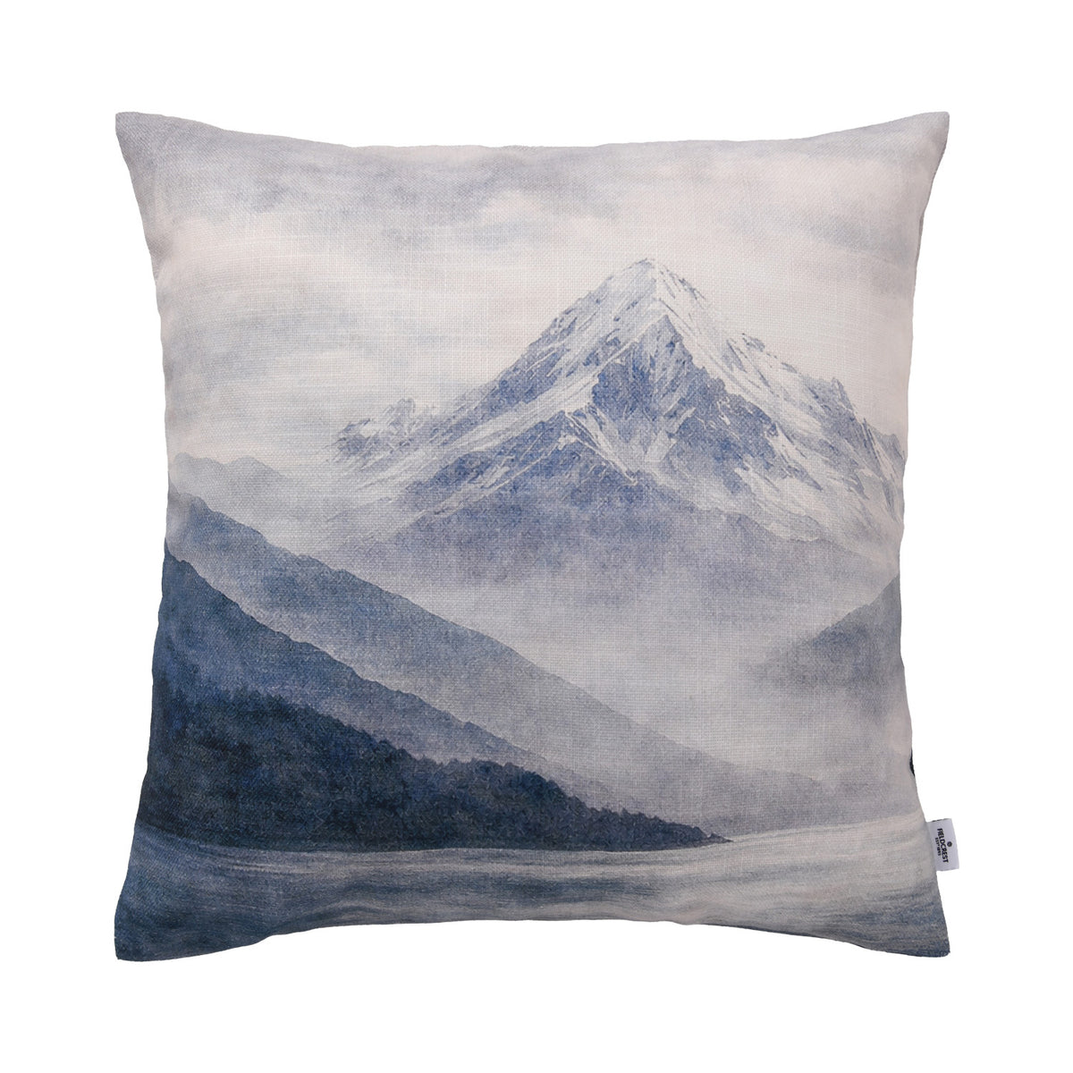 Fieldcrest Aoraki Mount Cook Cushion featuring a misty snow-capped mountain landscape in soft blue, grey and neutral tones.