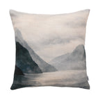 Fieldcrest Misty Milford Sound Cushion featuring dramatic dark mountains rising around calm water beneath a soft misty sky.