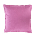 A berry linen cushion is presented against a clean white background, showcasing its soft, natural texture, relaxed edges and timeless understated style.