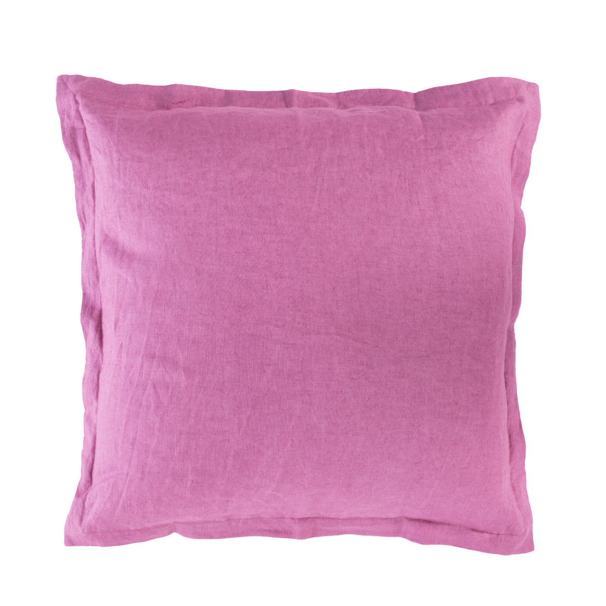 A berry linen cushion is presented against a clean white background, showcasing its soft, natural texture, relaxed edges and timeless understated style.