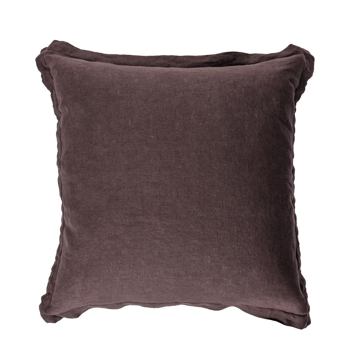 A cocoa linen cushion is presented against a clean white background, showcasing its soft, natural texture, relaxed edges and timeless understated style.