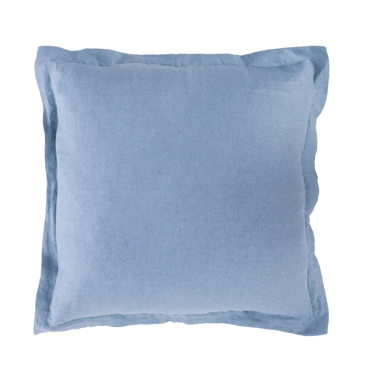 A denim linen cushion is presented against a clean white background, showcasing its soft, natural texture, relaxed edges and timeless understated style.