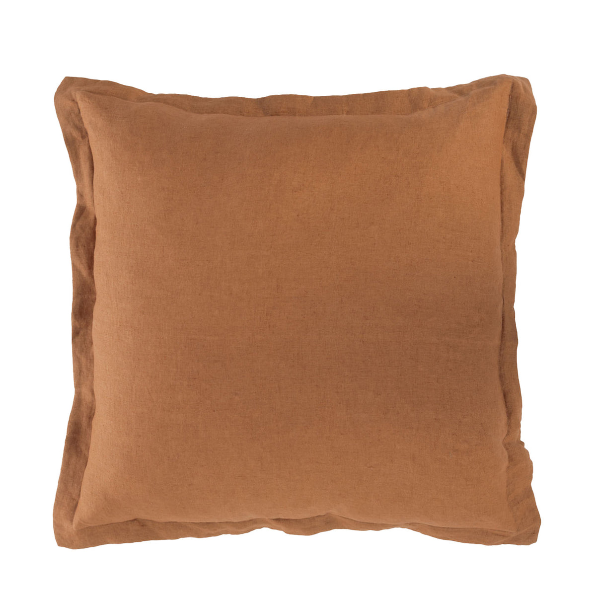 A pecan linen cushion is presented against a clean white background, showcasing its soft, natural texture, relaxed edges and timeless understated style.