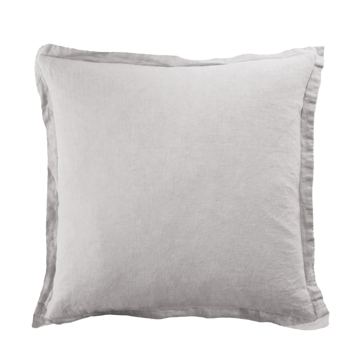 A silver linen cushion is presented against a clean white background, showcasing its soft, natural texture, relaxed edges and timeless understated style.
