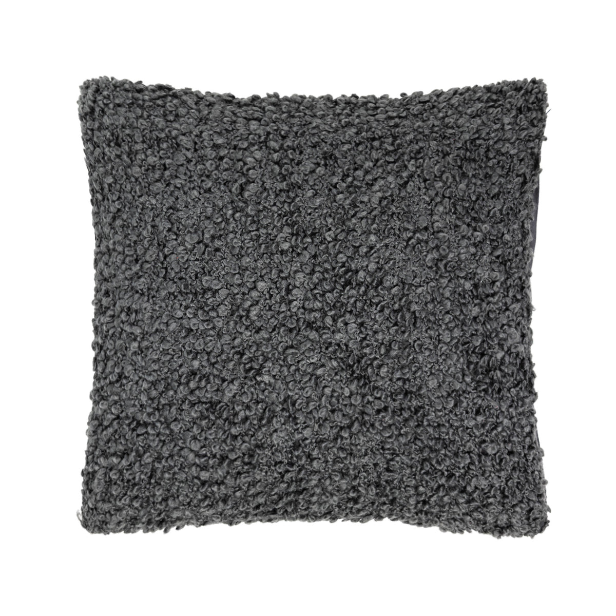 Charcoal square cushion featuring a thick, curly bouclé texture across the front for a soft, cosy look.