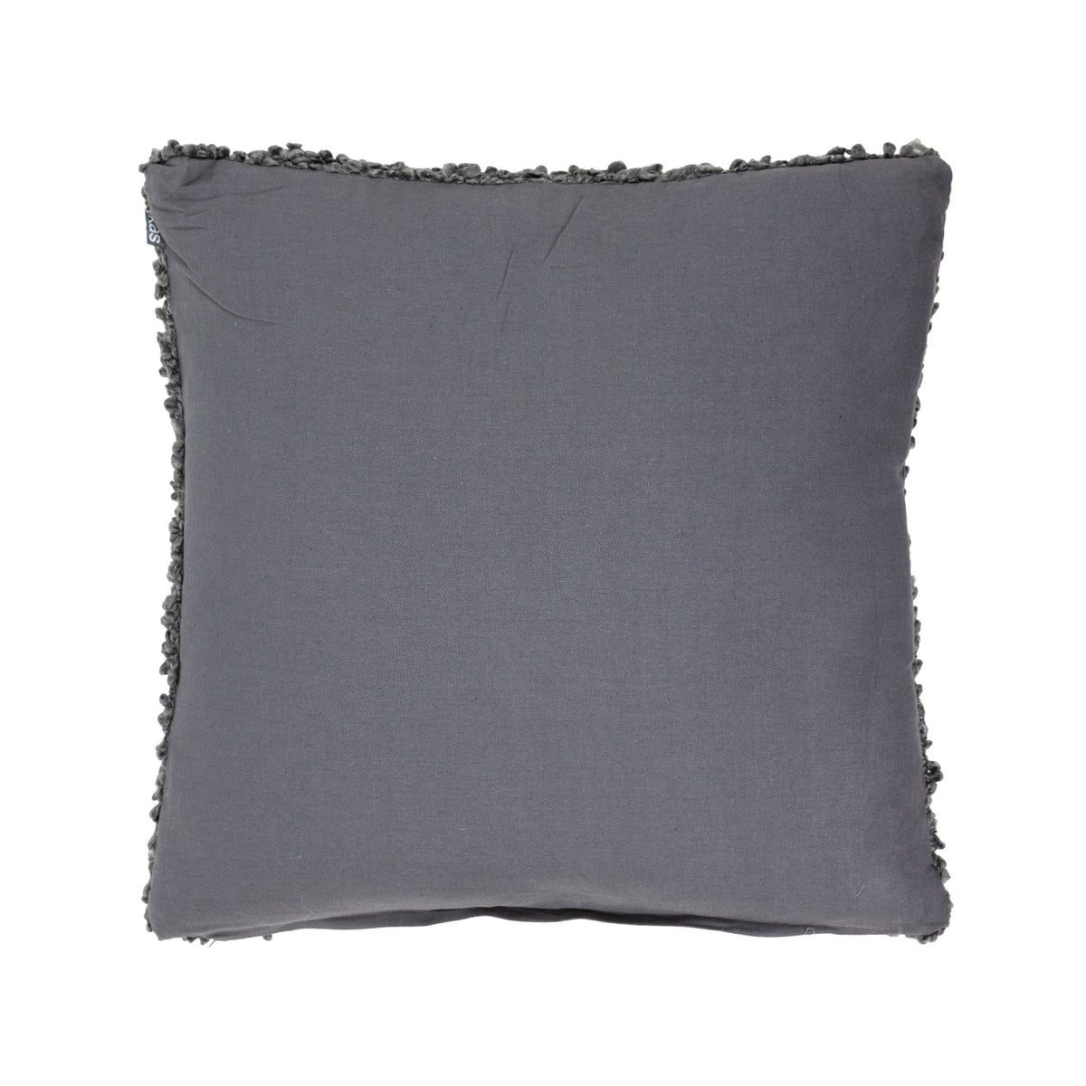 Back view of a charcoal bouclé cushion featuring a smooth, plain fabric backing with textured edges.
