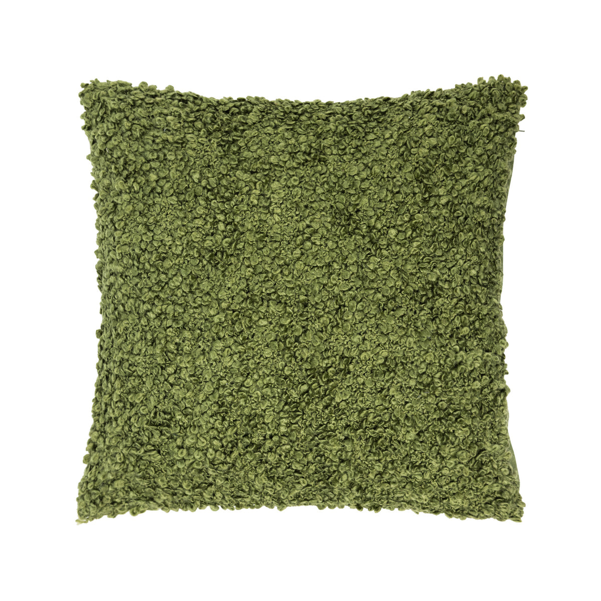 Moss green square cushion featuring a plush, looped bouclé texture across the front.
