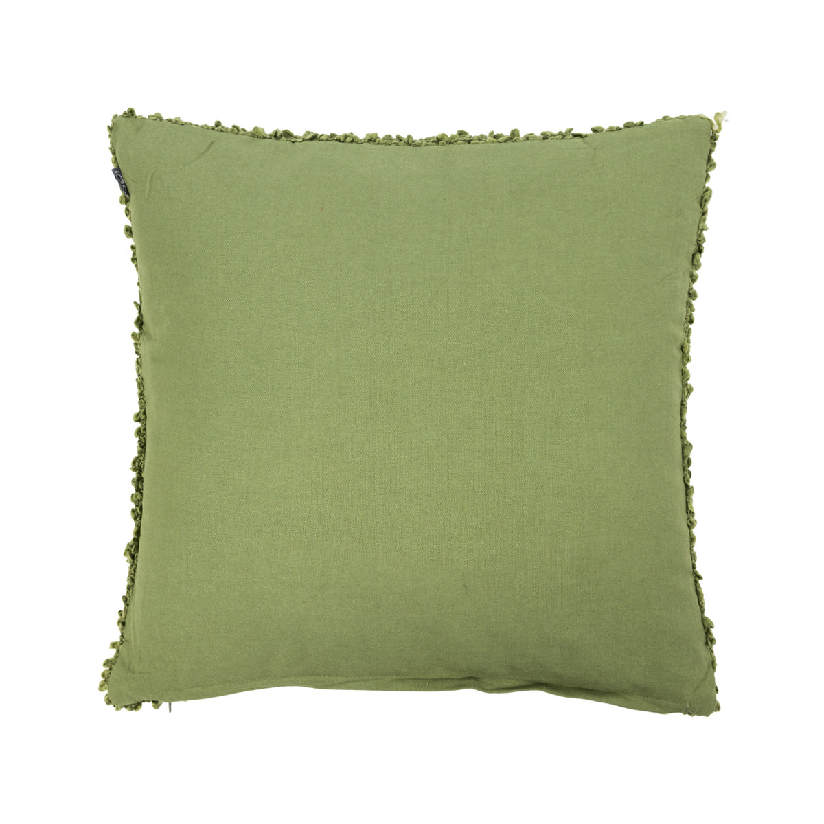 Back view of a moss green bouclé cushion featuring a smooth, plain fabric backing with textured edges.