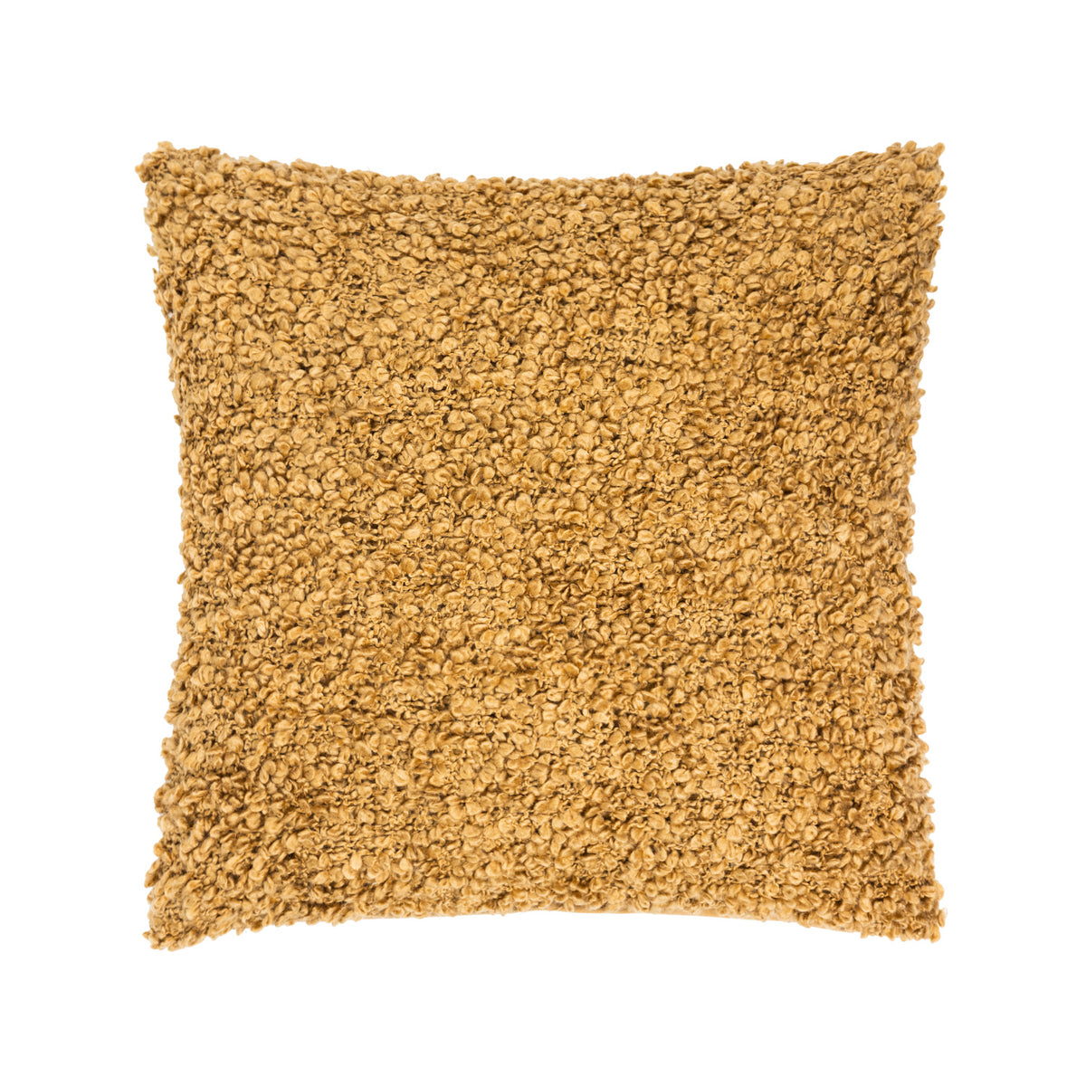 Tan square cushion featuring a thick, curly bouclé texture in a warm golden-brown shade.