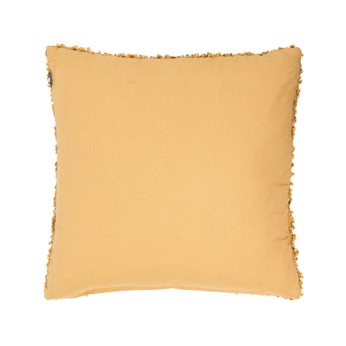 Back view of a tan bouclé cushion featuring a smooth, plain fabric backing with textured edges.