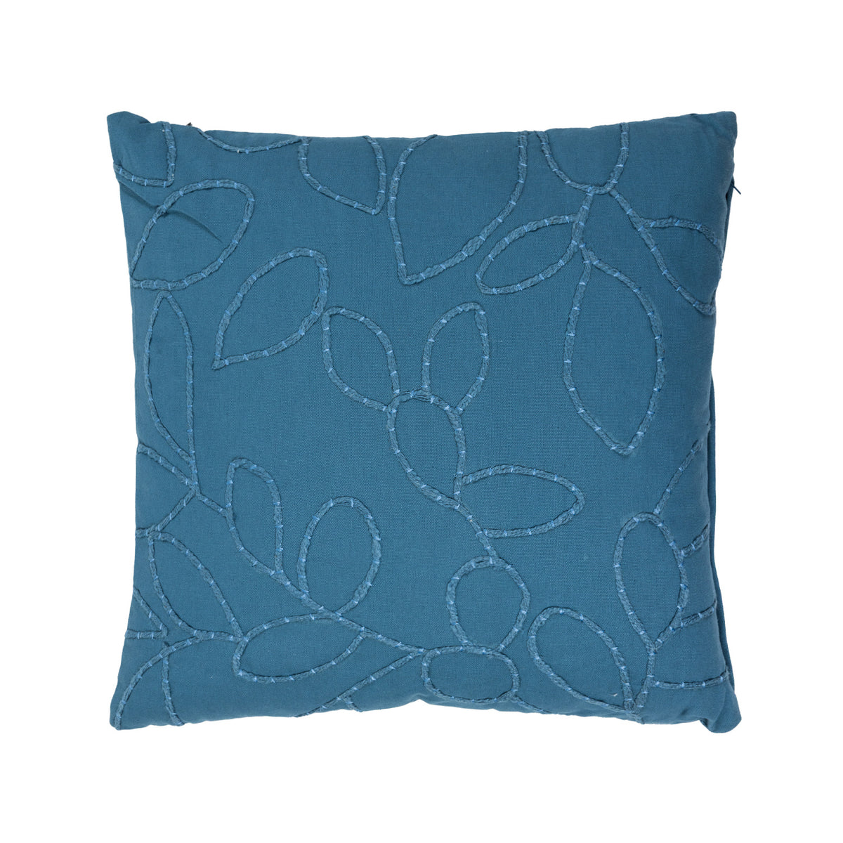Denim blue square cushion featuring a raised embroidered leaf pattern across the front.