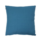 Back view of a denim blue embroidered cushion featuring a smooth, plain fabric backing.
