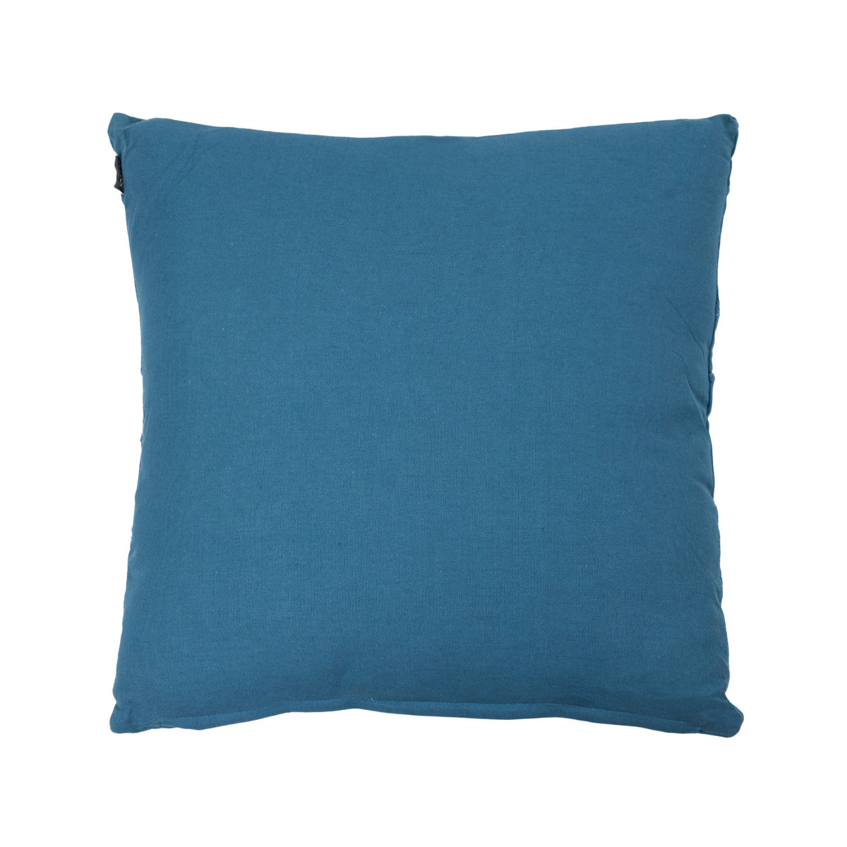 Back view of a denim blue embroidered cushion featuring a smooth, plain fabric backing.
