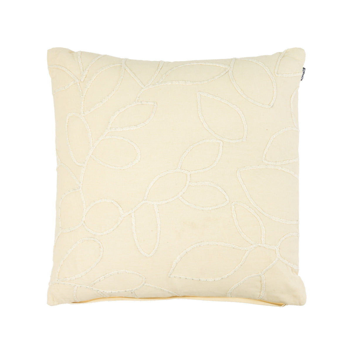 Natural square cushion featuring a subtle raised leaf-inspired embroidered design on a soft cream background.