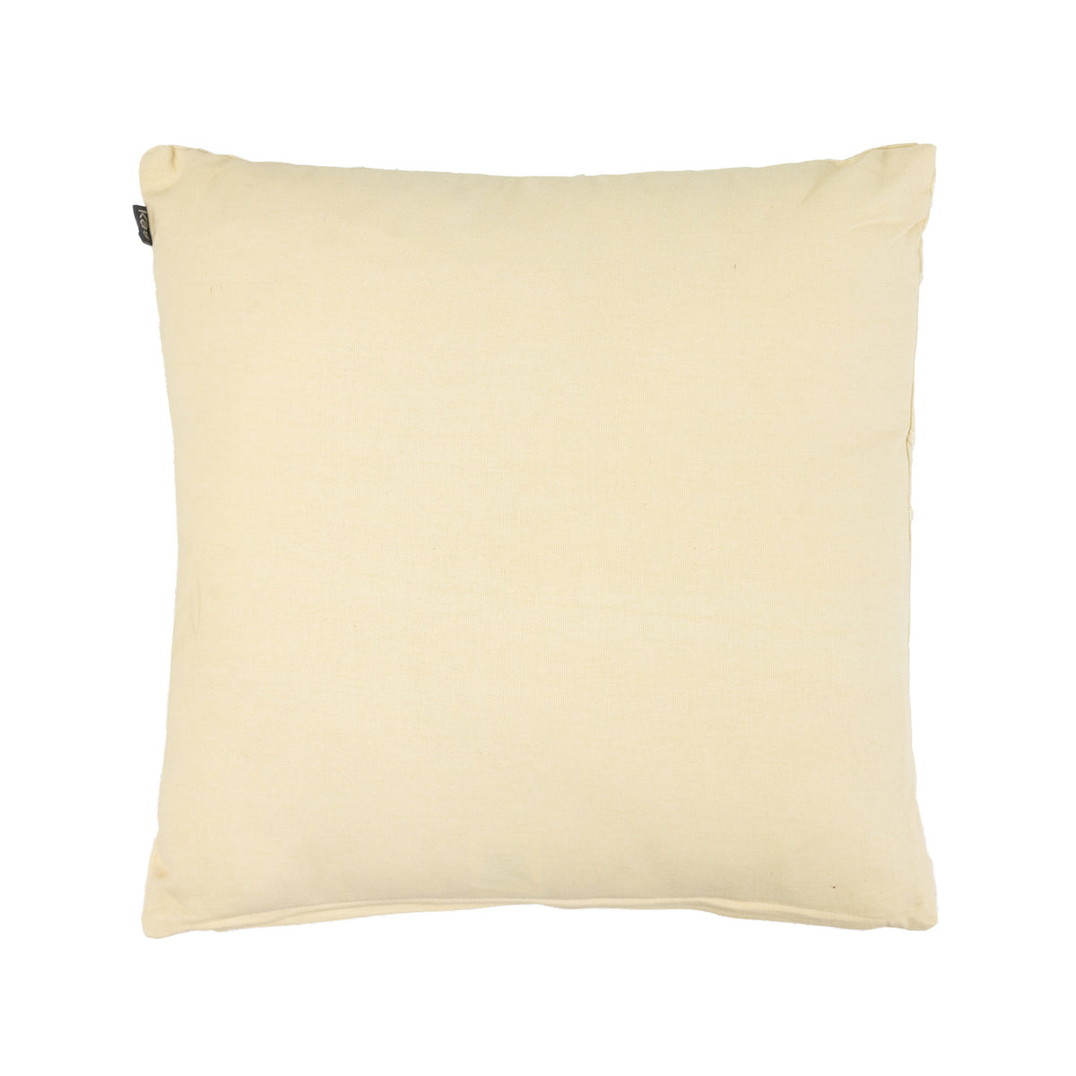 Back view of a natural embroidered cushion featuring a smooth, plain cream fabric backing.