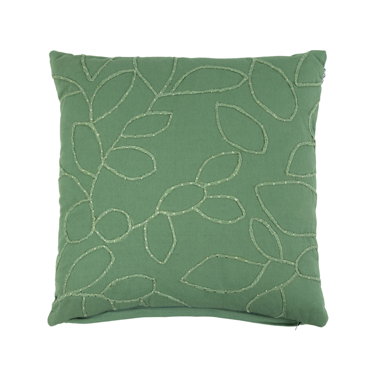 Sage green square cushion featuring a delicate raised leaf pattern embroidered across the front.