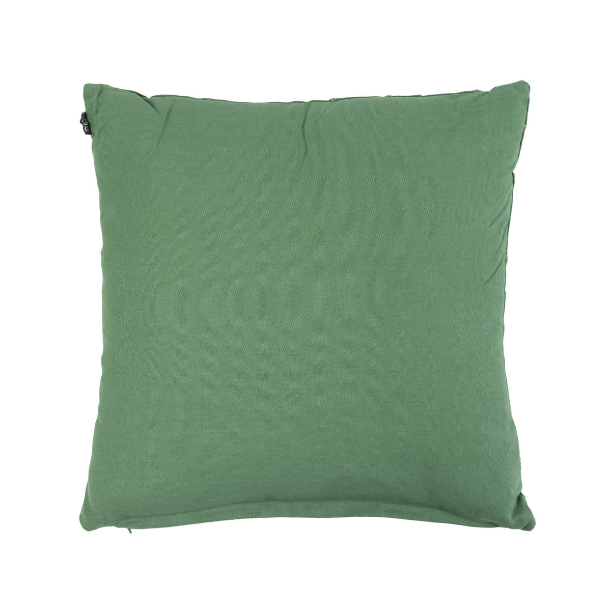 Back view of a sage green embroidered cushion featuring a smooth, plain fabric backing.