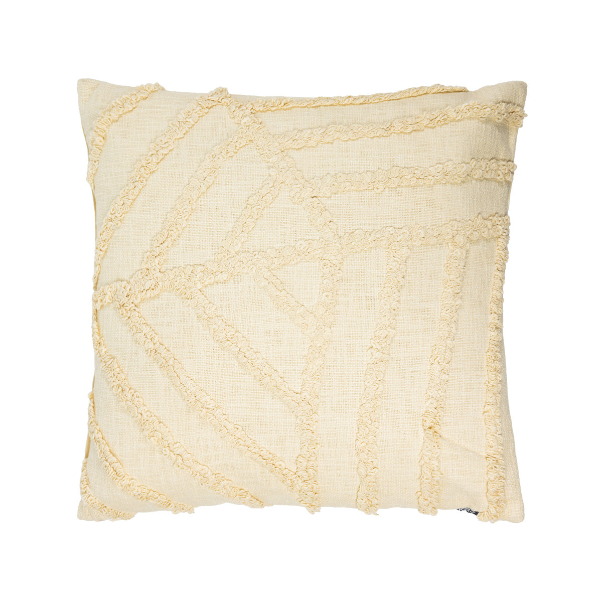 Natural square cushion featuring raised tufted lines in an abstract geometric pattern on a textured cream base.