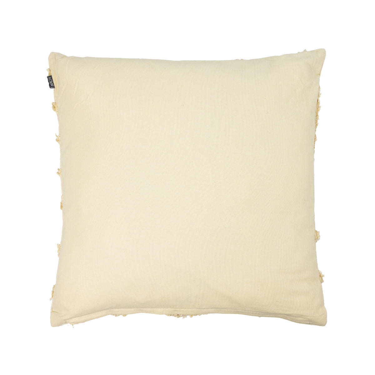 Back view of a natural tufted cushion featuring a smooth, plain cream fabric backing.