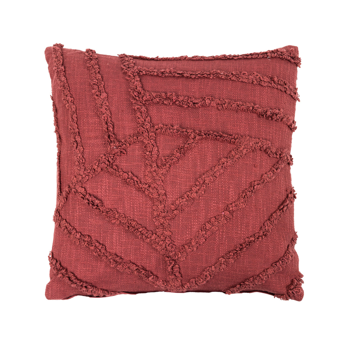 Plum square cushion featuring raised tufted detailing in an abstract geometric pattern across the front.