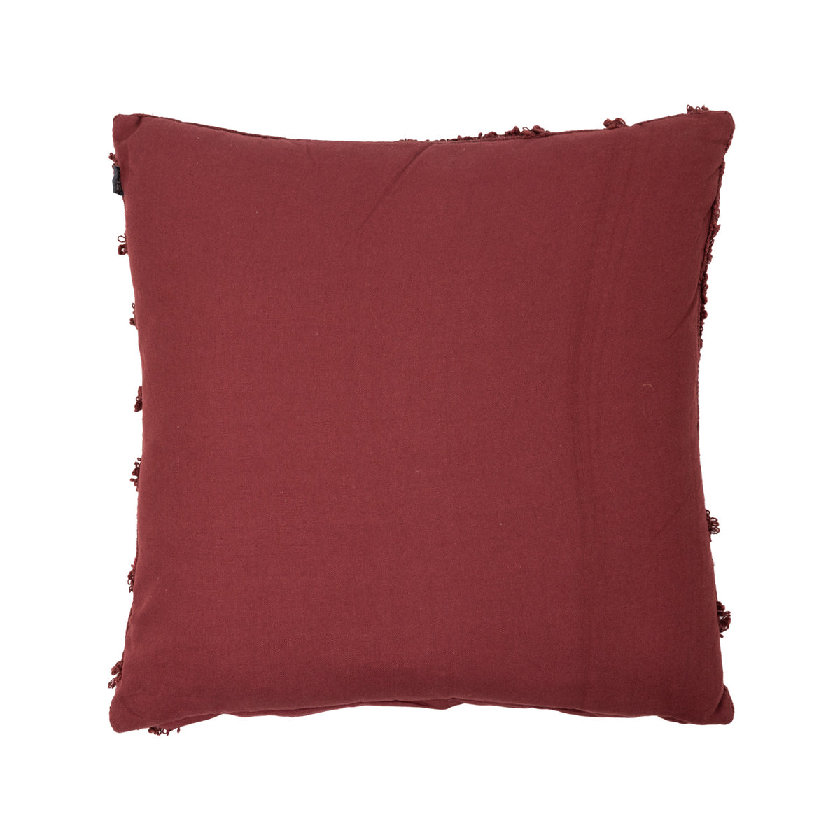 Back view of a plum tufted cushion featuring a smooth, plain fabric backing in a rich reddish-purple shade.