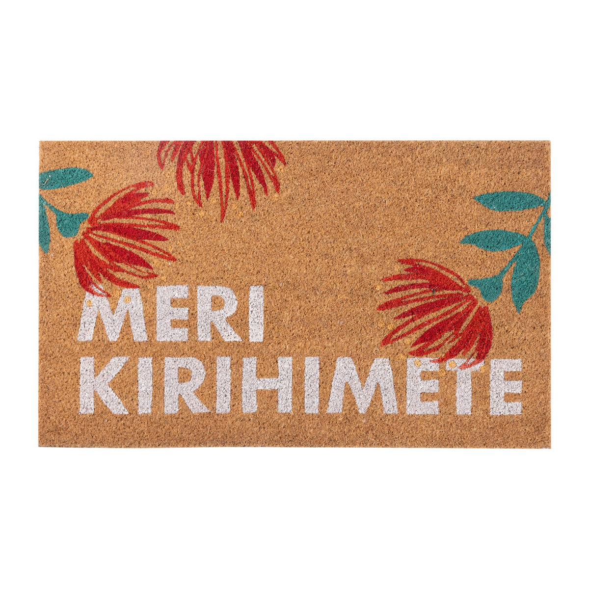 Christmas Wishes Merry Kirihimete Coir Mat featuring white lettering, red pōhutukawa flowers and teal leaves against a natural coir background.