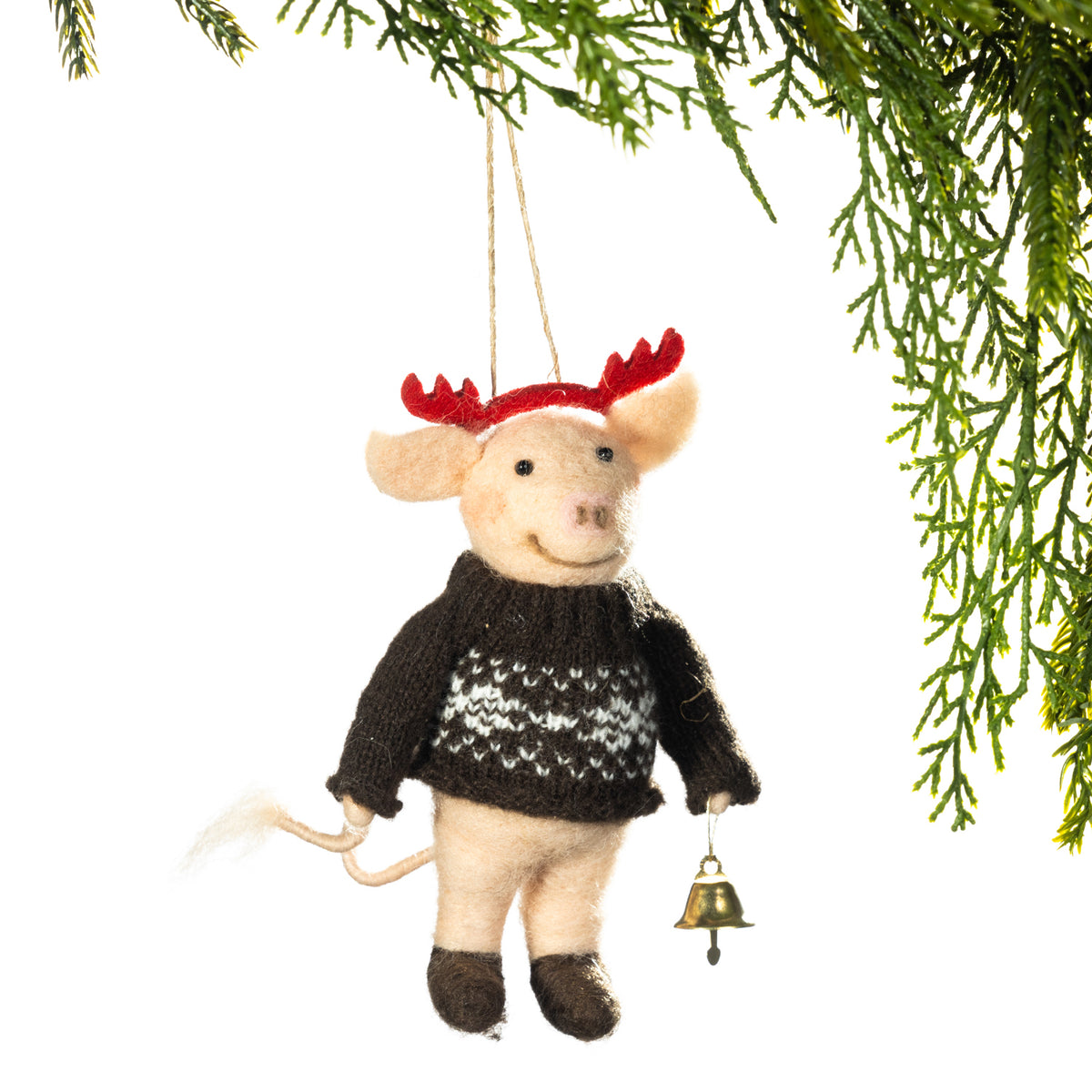 Christmas Wishes Felt Pig With Bells Hanging Christmas Tree Decoration