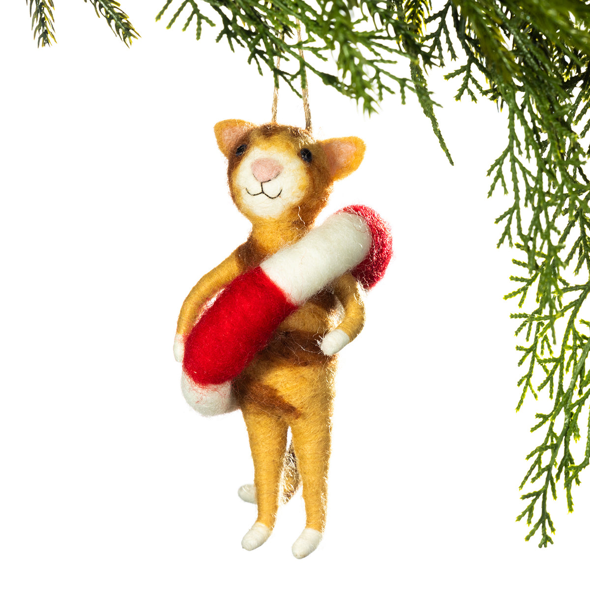 A felted wool Christmas ornament shaped like a small brown and cream cat holding a red and white pill bottle, hanging against a white background with pine branches at the top.