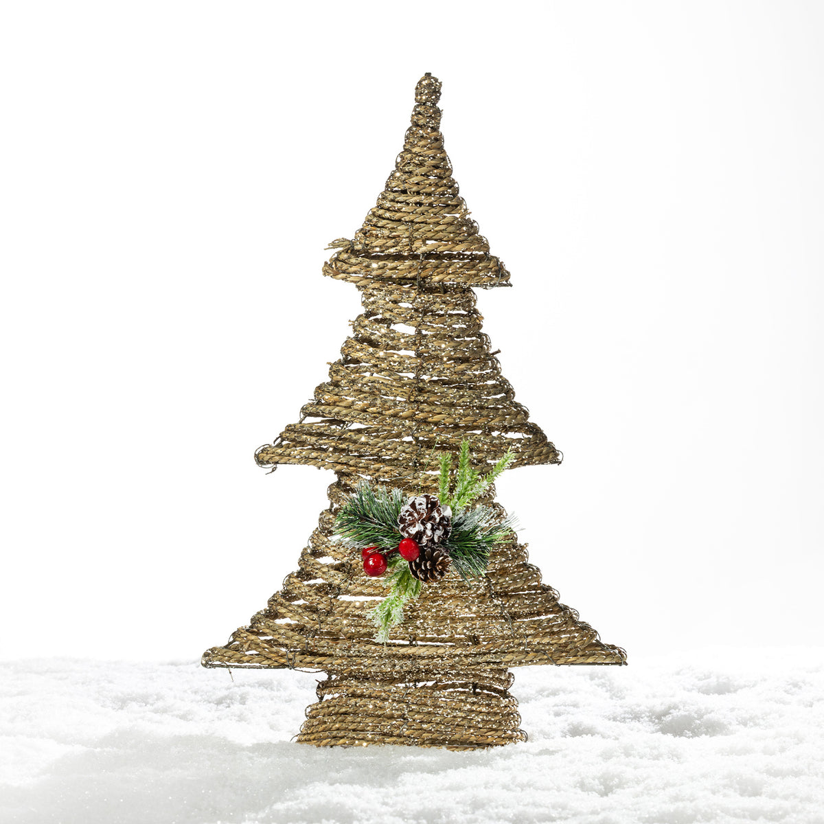 Christmas Wishes natural rattan Christmas tree décor featuring a woven design with festive greenery, pinecones and red berries.