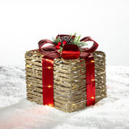 Christmas Wishes Rattan Present Box LED Décor 20cm